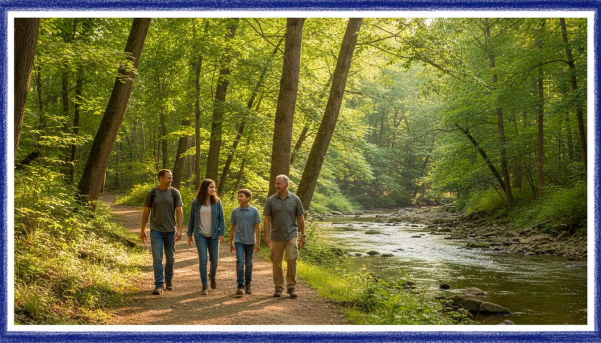 Family walking along a sunny wooded riverside trail in Coventry Connecticut