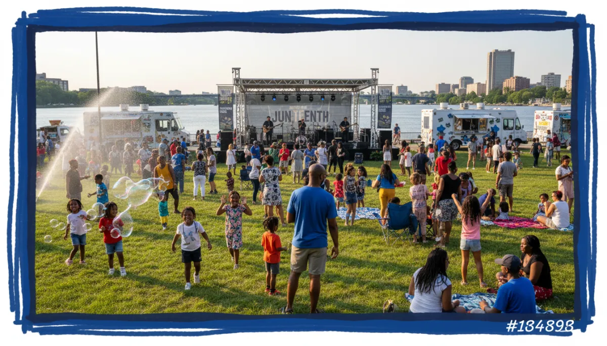 People of many backgrounds celebrating Juneteenth at the Hartford riverfront with music and food trucks