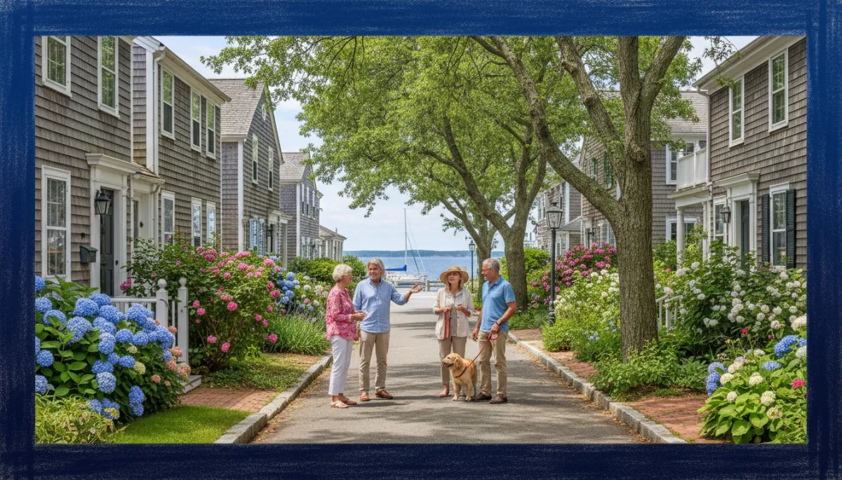 Historic coastal homes and blooming gardens along a quiet street in Noank Connecticut