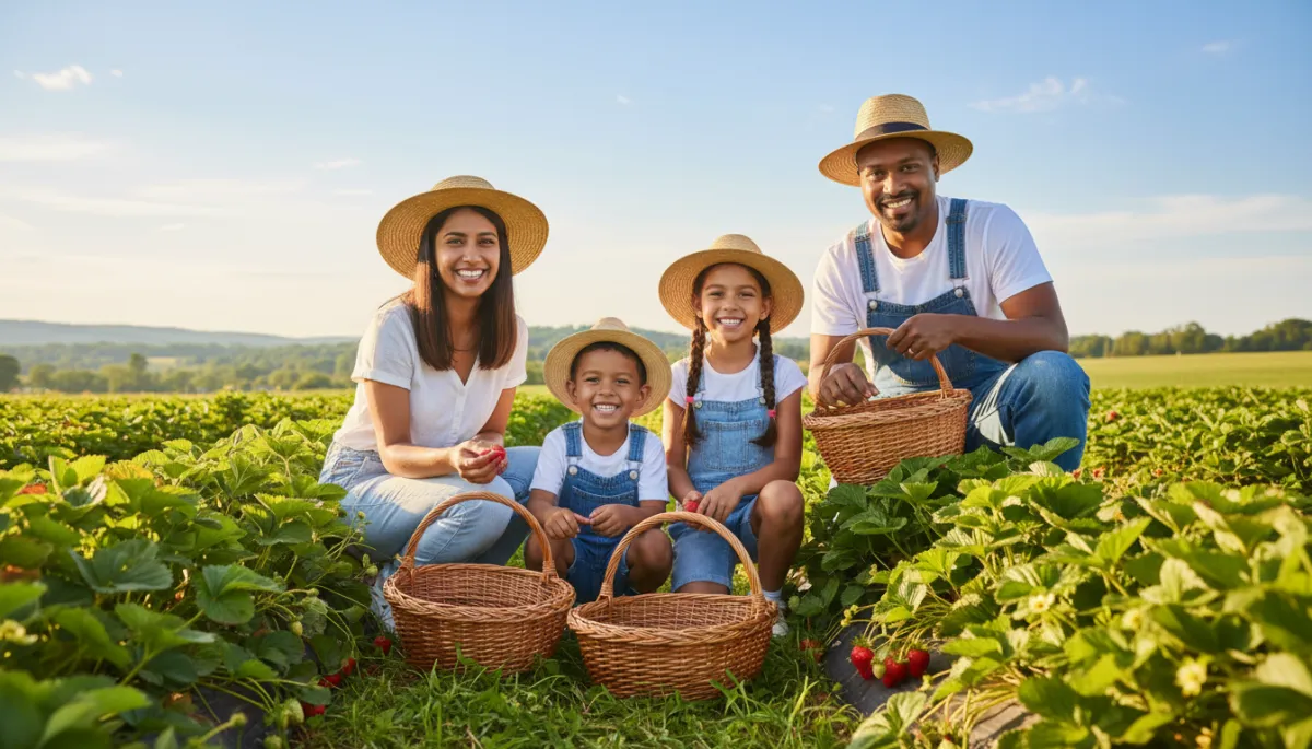 Family picking ripe strawberries together at a sunny Connecticut orchard