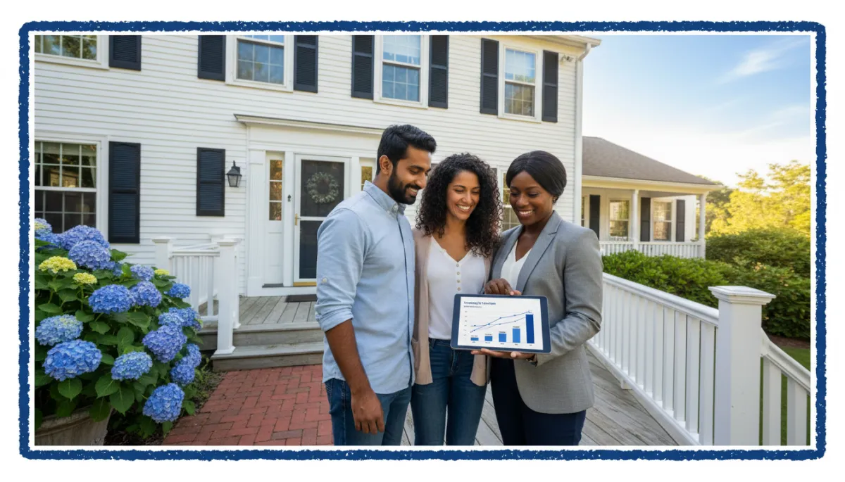 Connecticut homebuyers reviewing market data with their Realtor on a front porch