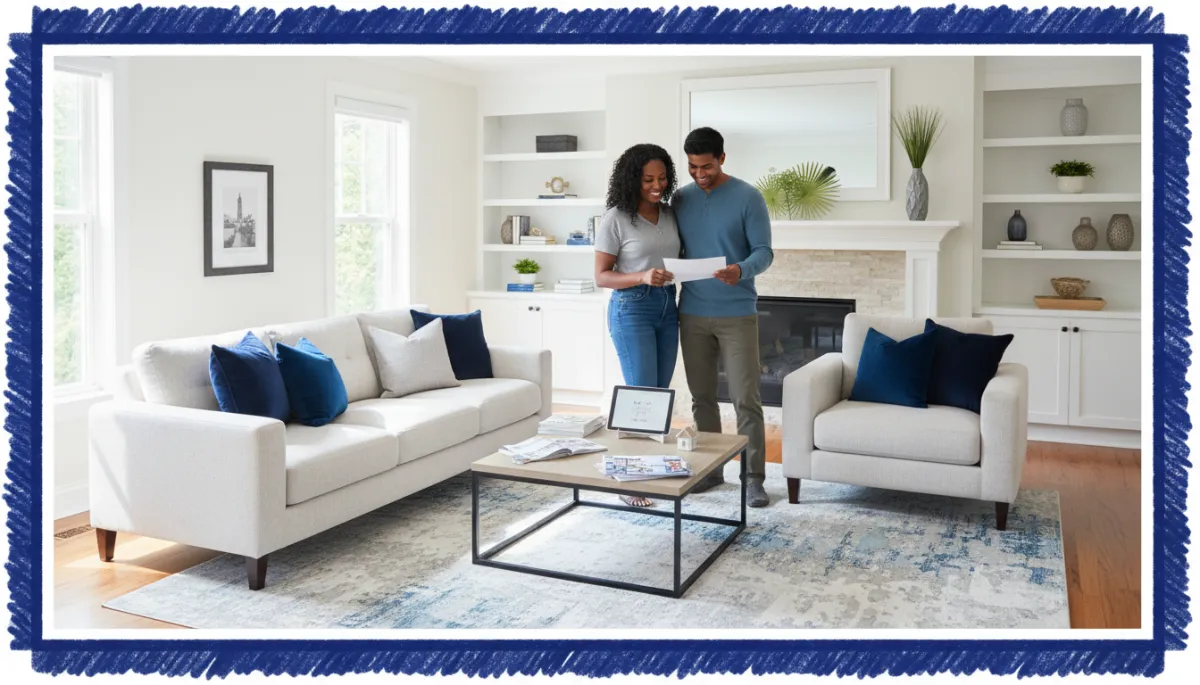 Real estate agent reviewing staging plan with Connecticut home sellers in a bright living room