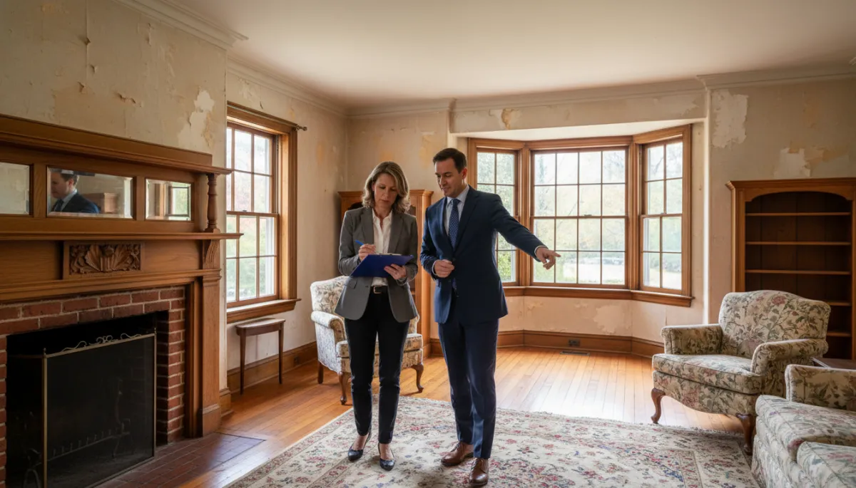 Appraiser and realtor evaluating a Connecticut probate property interior