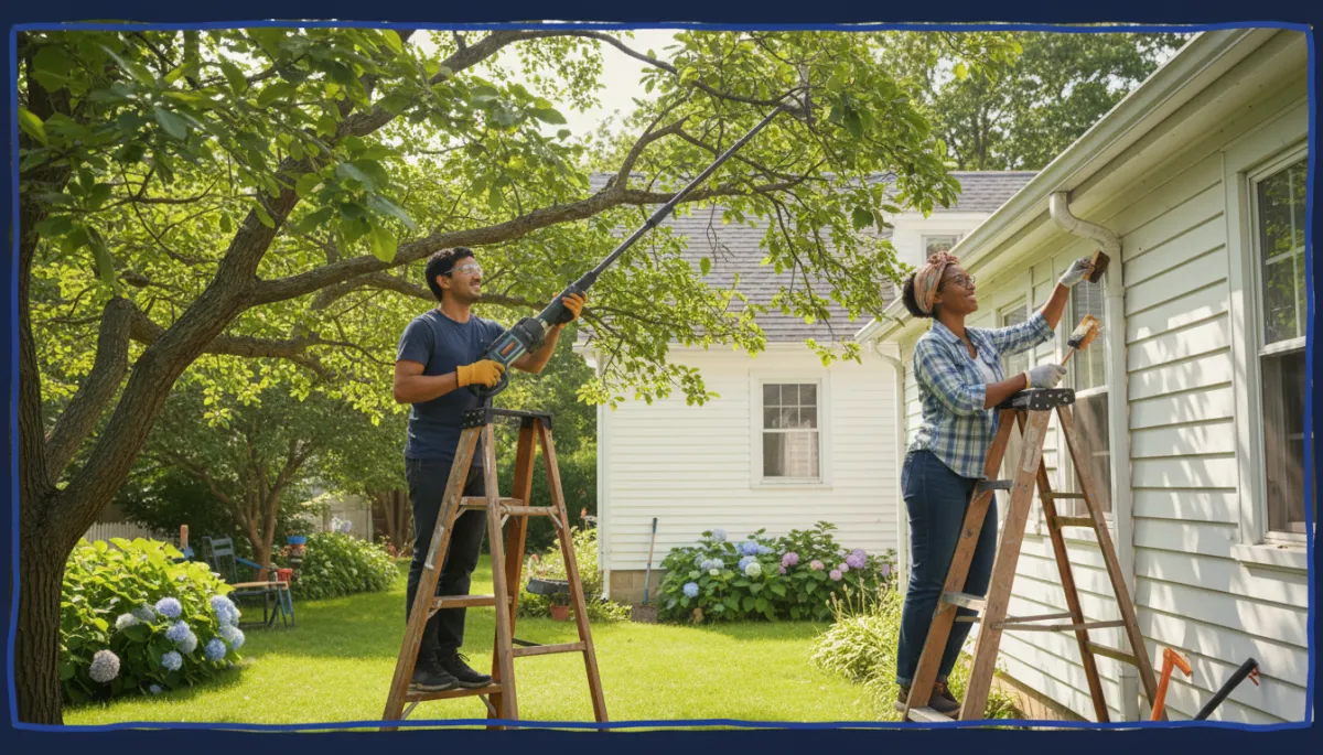 Neighbors trimming trees and checking gutters to prepare a Connecticut home for storms