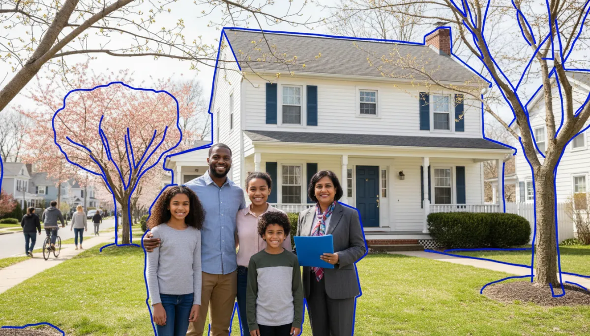 Connecticut first time buyers standing with their real estate agent outside a new home