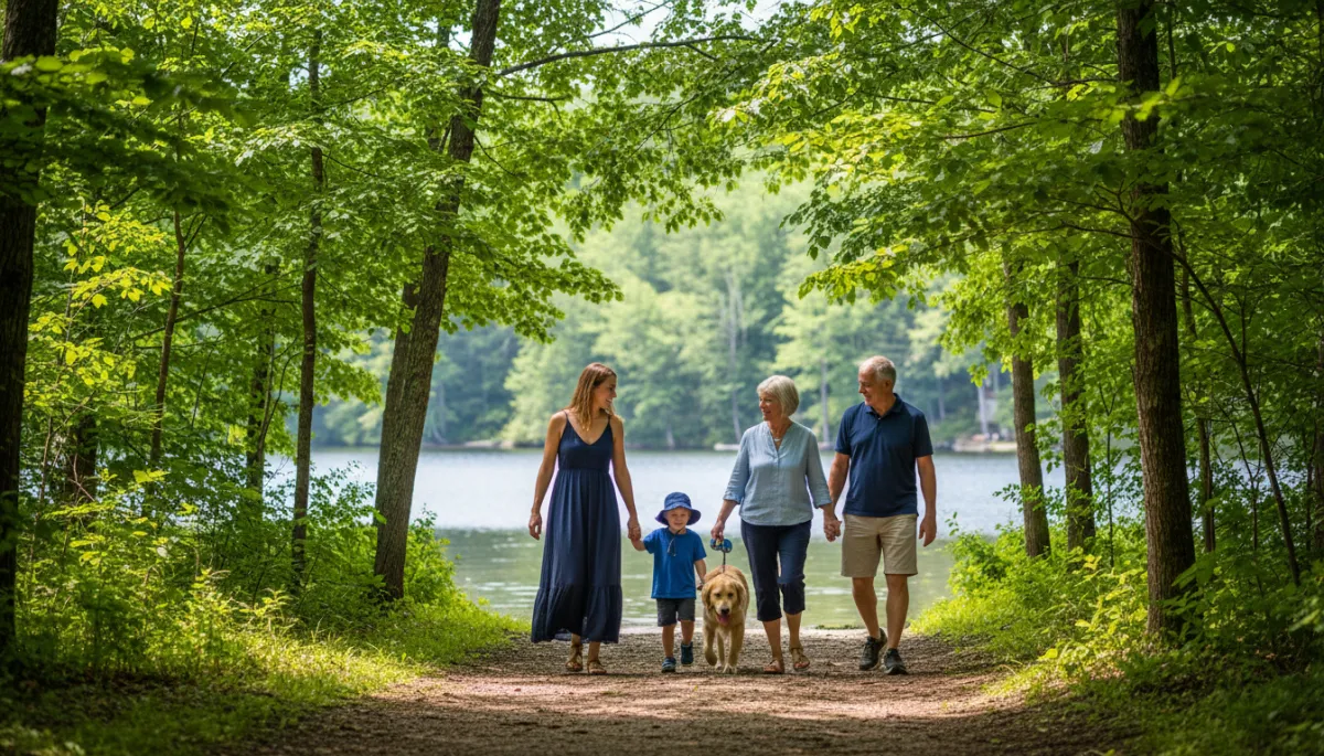 bright natural photography of a multigenerational family walking a wooded lakeside trail in Tolland County Connecticut wearing casual clothes with hints of royal blue and dark navy summer greenery and sunlight filtering through the trees