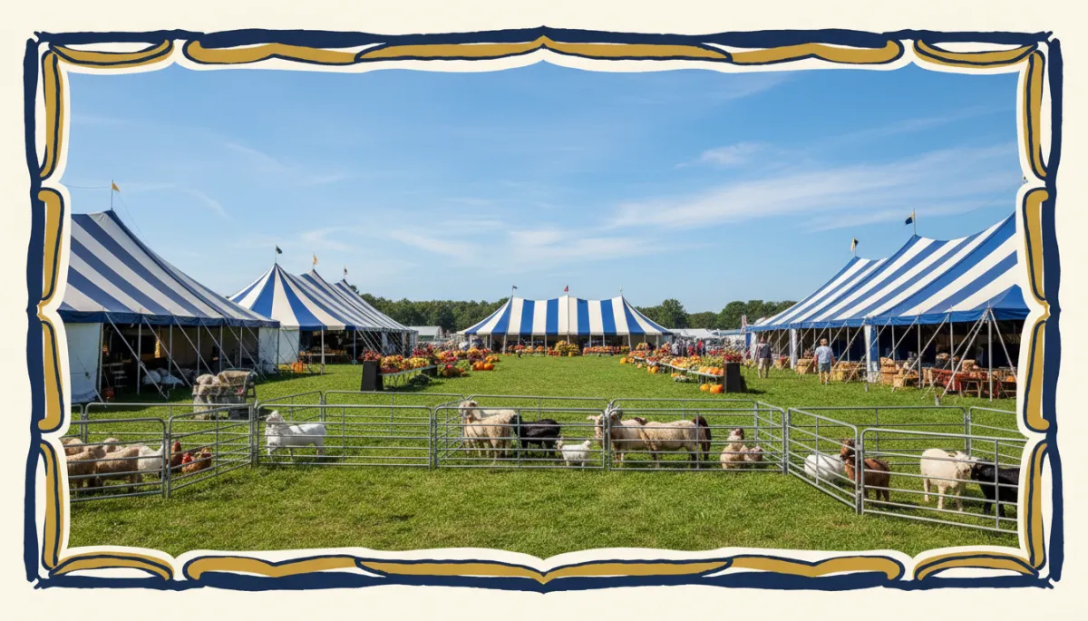 photography of Tolland County Connecticut countryside agricultural fair tents on grassy field under blue summer sky, small livestock pens and produce displays visible, no faces, bold hand-drawn border in dark navy #02193b pearl white #fafafa and gold #d4af37