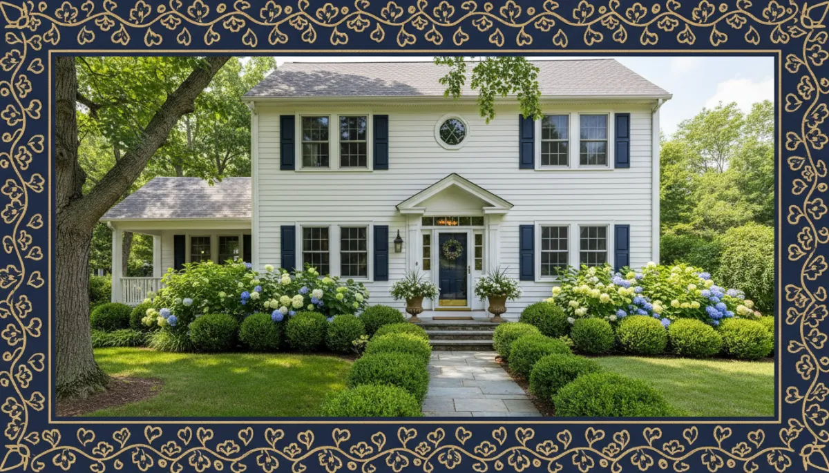 Front exterior of a charming Connecticut single family home with fresh landscaping and strong summer curb appeal, bright natural photography, bold hand drawn dark navy and gold border matching brand colors, no people