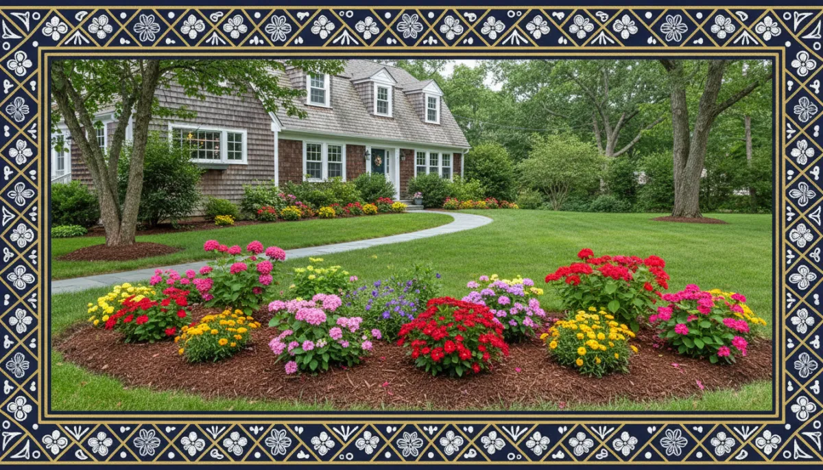 Front yard of a Connecticut home with fresh mulch blooming flowers and a clean walkway in summer bright natural photography with bold hand drawn navy pearl white and gold border no people