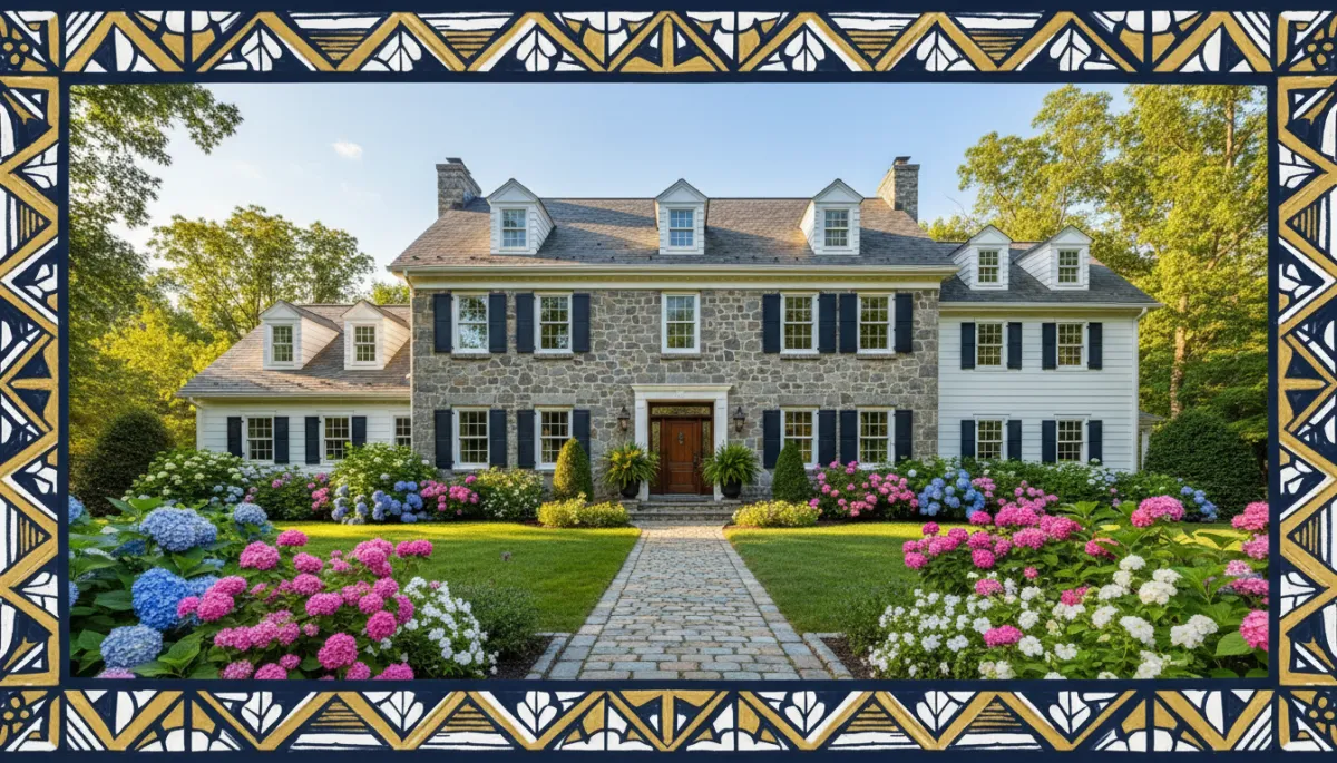 Connecticut home exterior with lush green lawn fresh flowers and bold hand drawn navy pearl white and gold border bright natural photography no people