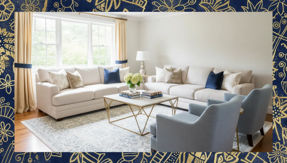 Bright natural photography of a staged Connecticut living room with light neutral furniture blue and gold accents and bold hand drawn navy and gold border no people