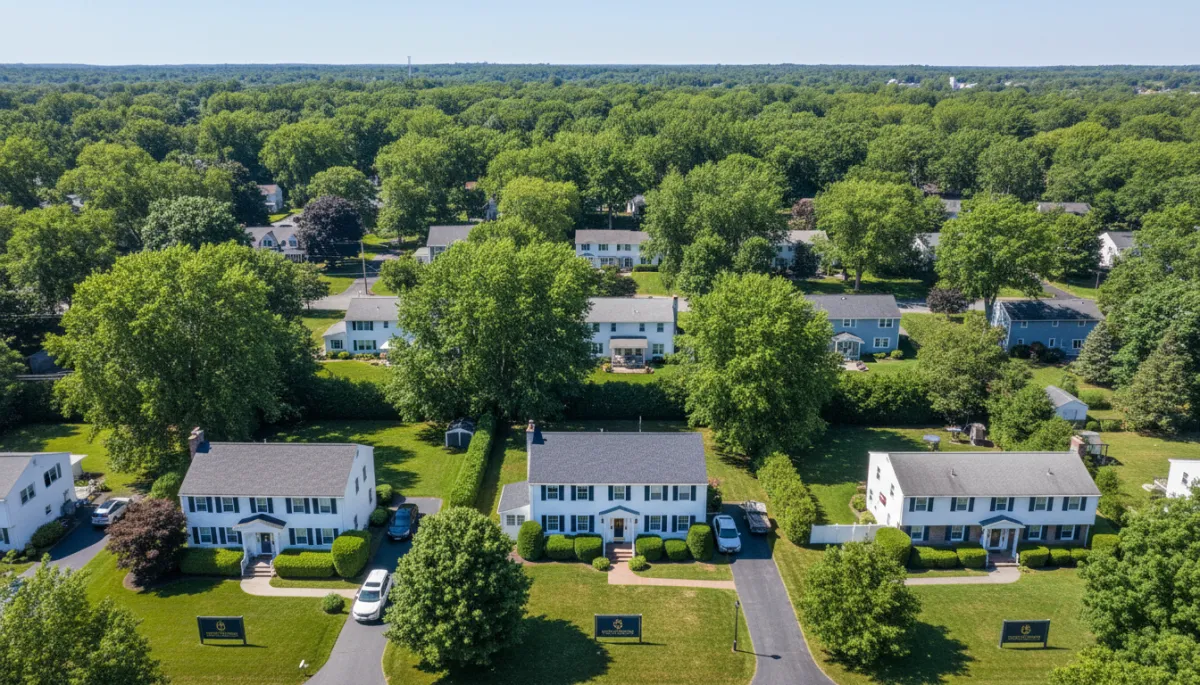 Aerial view of Connecticut suburban neighborhood with limited homes for sale Aerial view of Connecticut suburban neighborhood with limited homes for sale