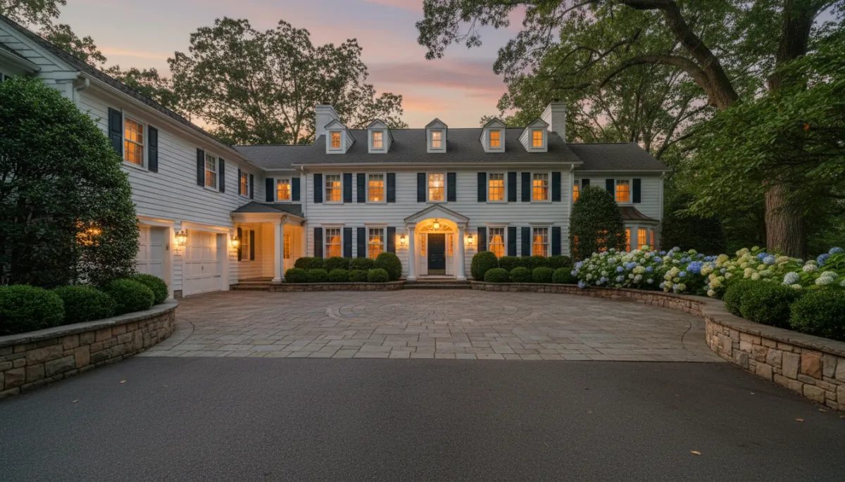 Stately Connecticut luxury colonial home with manicured landscaping