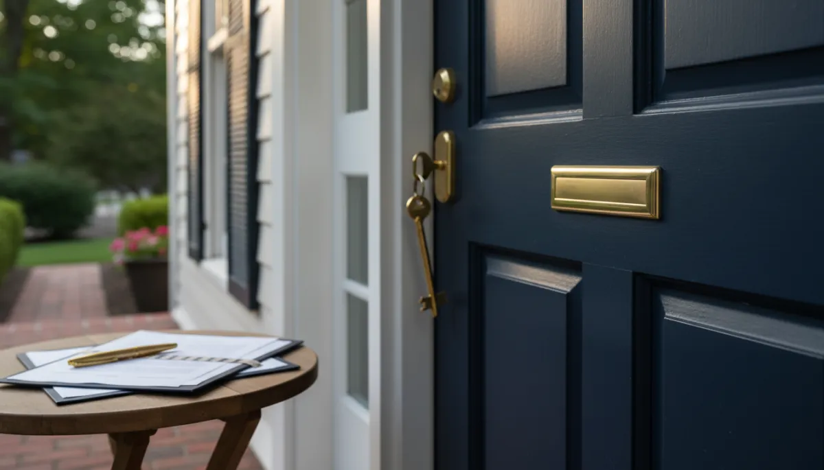 Connecticut home front door with house key and closing documents