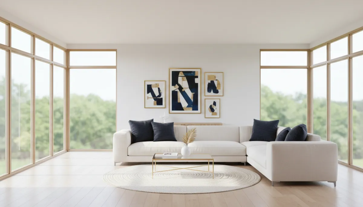 Beautifully staged Connecticut living room with neutral palette and navy accents Beautifully staged Connecticut living room with neutral palette and navy accents