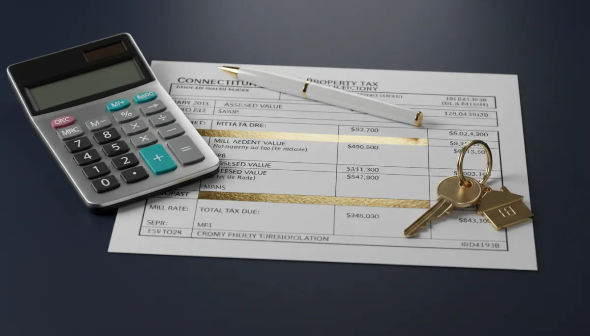 Connecticut property tax bill with calculator and house keys on a desk Connecticut property tax bill with calculator and house keys on a desk