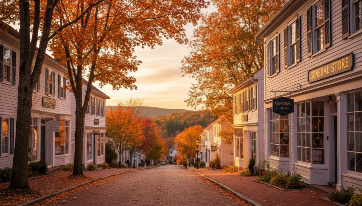 Charming New England village street in the Litchfield Hills with historic buildings and foliage Charming New England village street in the Litchfield Hills with historic buildings and foliage