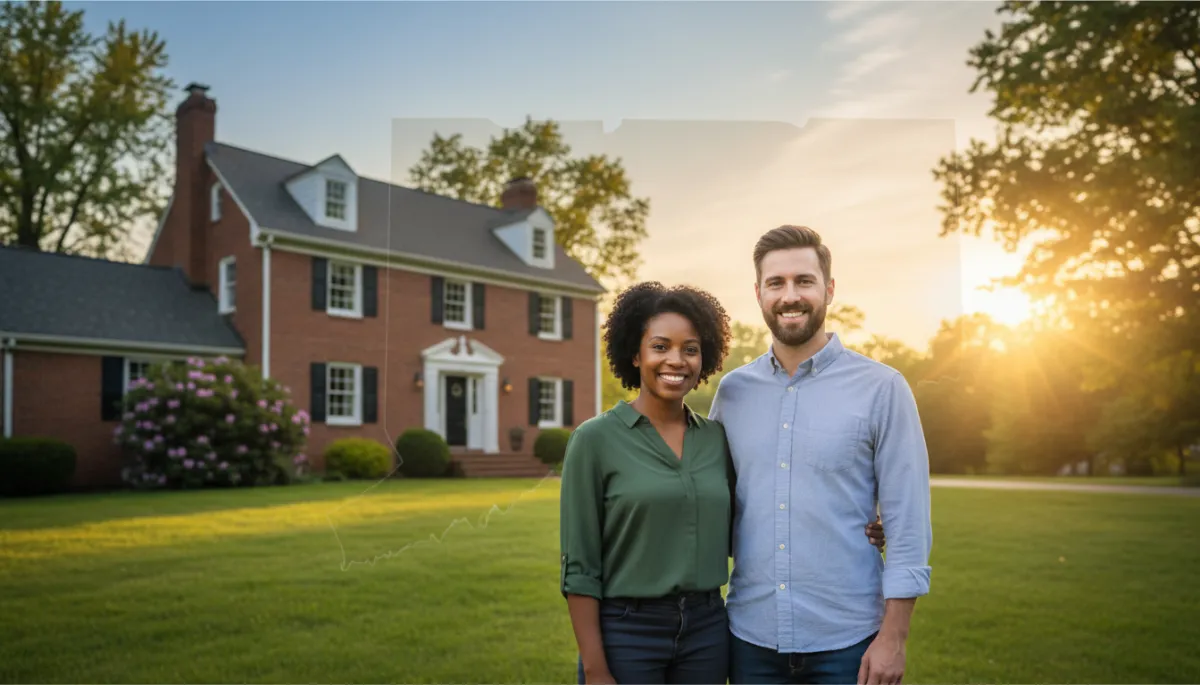 Confident diverse homeowner couple standing in front of their Connecticut home representing equity stability and financial security in 2026