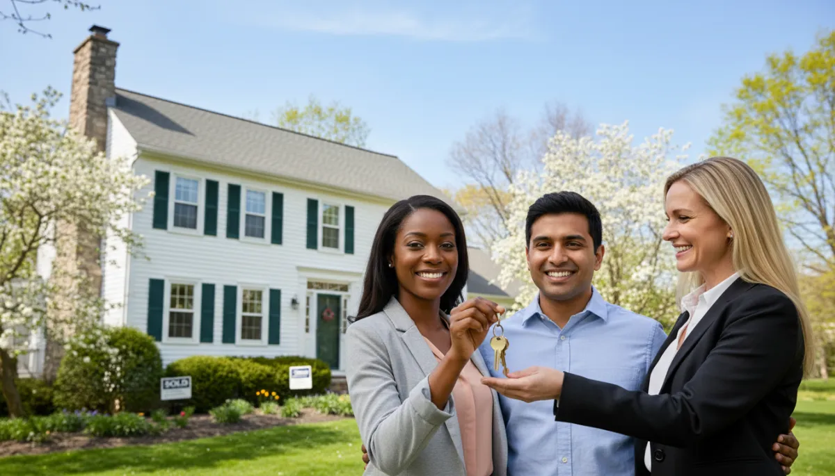 Happy diverse couple receiving house keys from a real estate agent in front of a Connecticut colonial home on a sunny spring day
