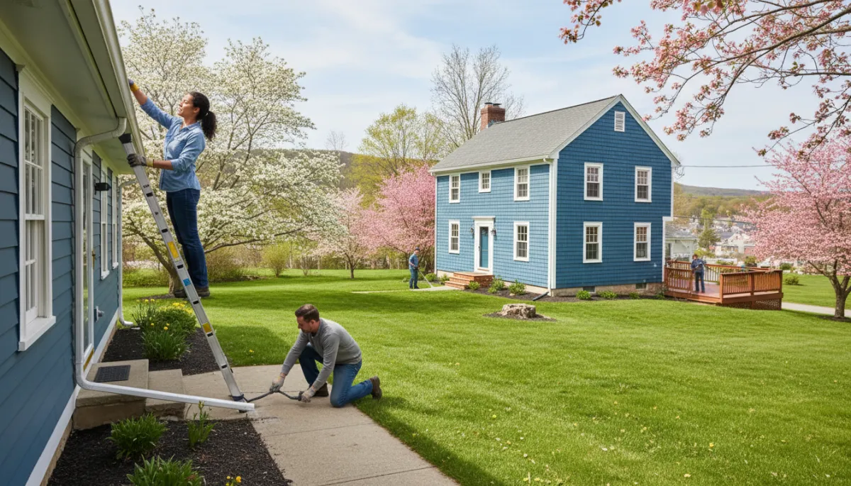 Connecticut homeowner performing spring maintenance on their home exterior on a sunny day with blooming spring trees in background