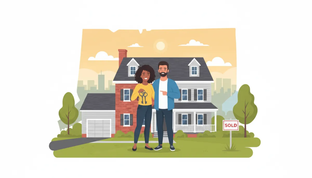 Young diverse couple standing proudly in front of their first Connecticut home with a sold sign and keys celebrating becoming first-time homeowners