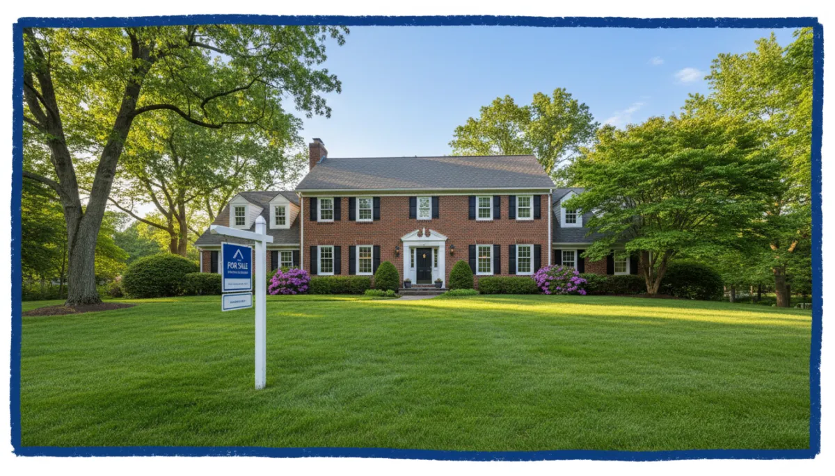 Connecticut white colonial home with for-sale sign, diverse couple with agent, lush spring yard, royal blue hand-drawn border, photorealistic
