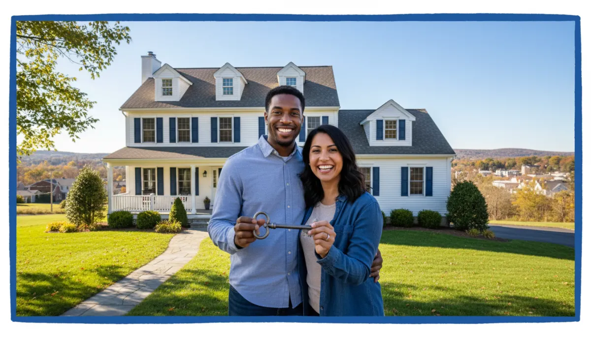 Happy diverse couple holding keys in front of Connecticut colonial home, spring yard, royal blue hand-drawn border, photorealistic