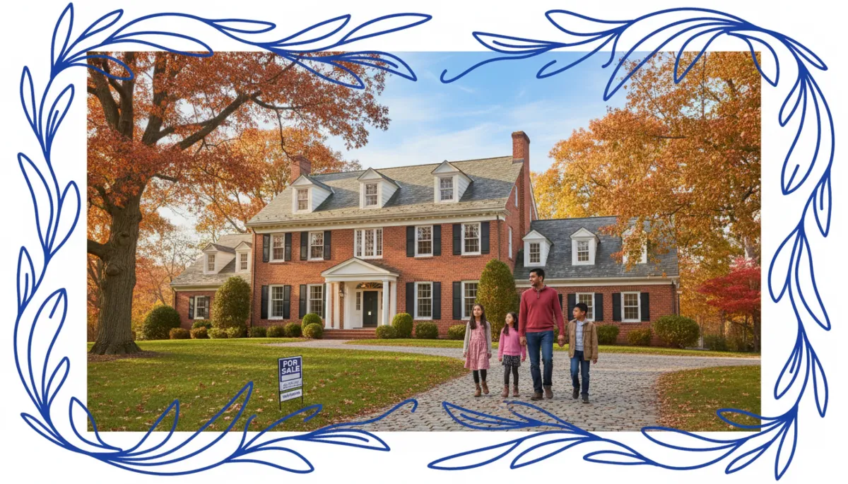 Well-maintained Connecticut colonial home with autumn foliage, diverse multigenerational family on lawn, royal blue hand-drawn border, photorealistic