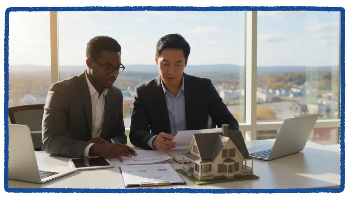 Diverse couple with advisor reviewing home financing documents and Connecticut colonial home model on desk, soft window light, royal blue hand-drawn border