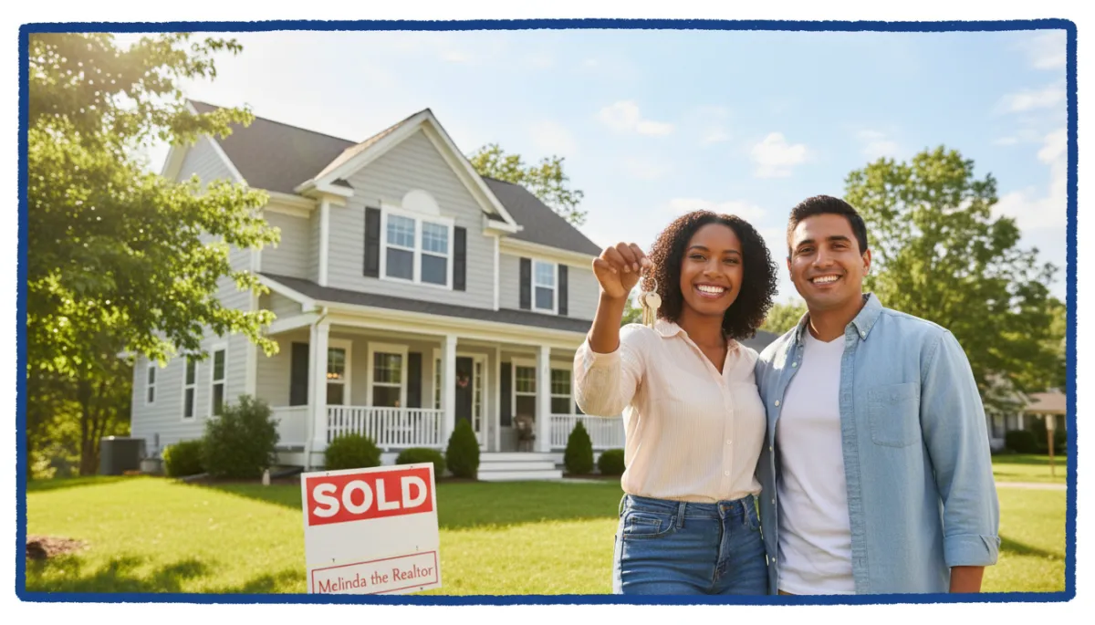 Joyful diverse first-time homeowner family holding keys outside charming Connecticut starter home, SOLD sign in yard, royal blue hand-drawn border, photorealistic