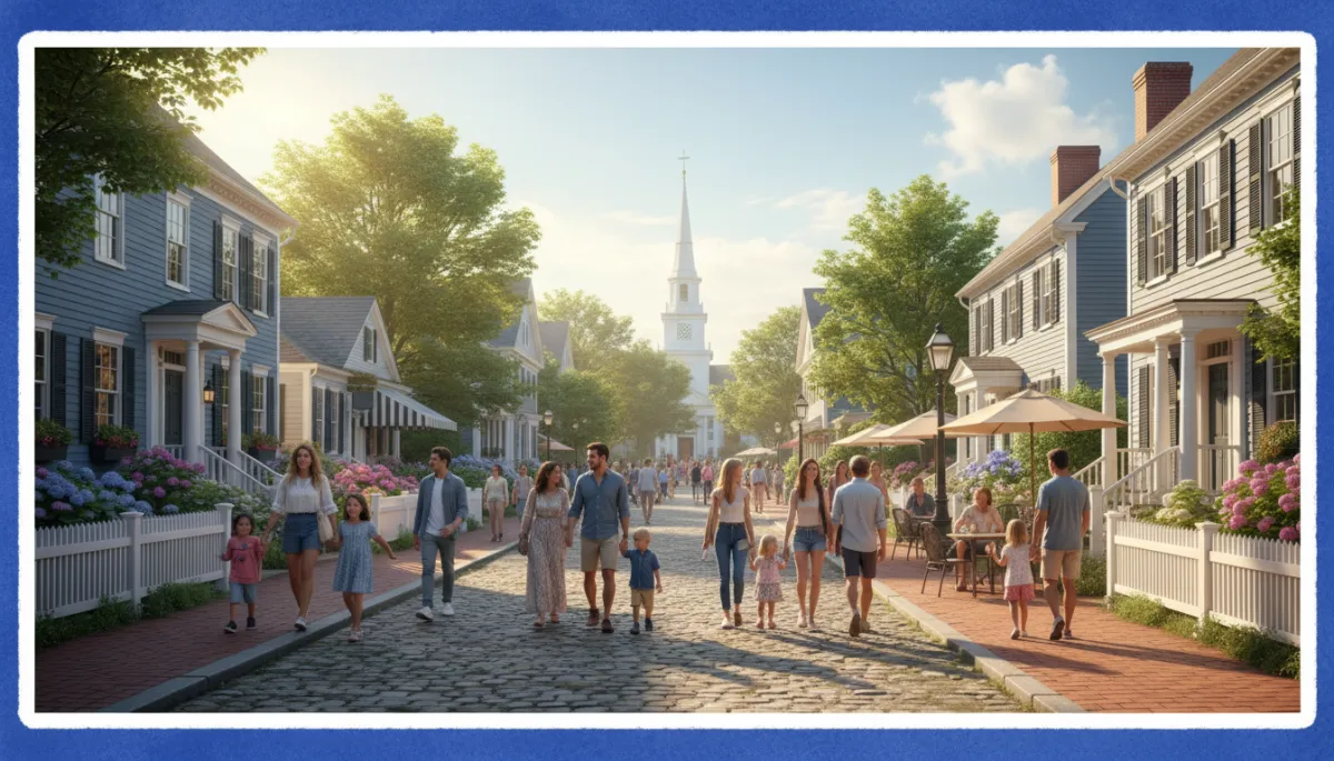Photorealistic aerial view of a picturesque Connecticut town center with colonial homes, tree-lined streets, diverse residents, spring greenery, bold hand-drawn royal blue border