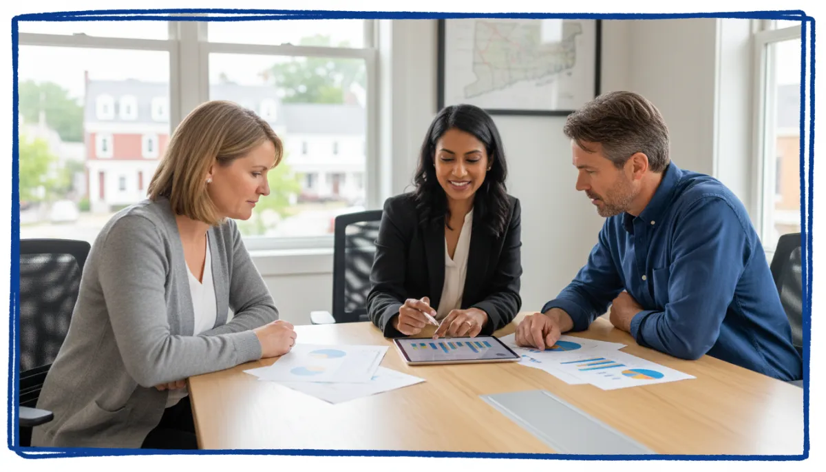 Diverse Connecticut realtor with clients reviewing NAR market reports at a modern office table, New England greenery outside, bold hand-drawn royal blue border, photorealistic