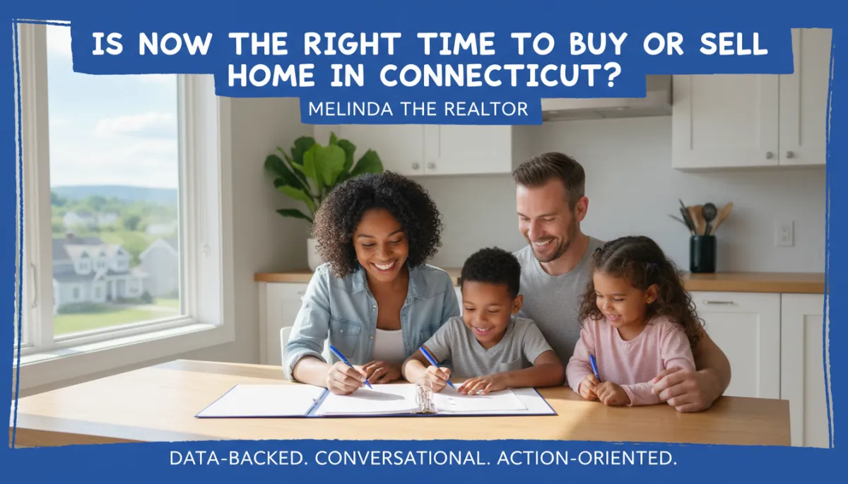 Diverse Connecticut family signing home purchase documents at a bright kitchen table, agent smiling supportively, bold hand-drawn royal blue border, photorealistic