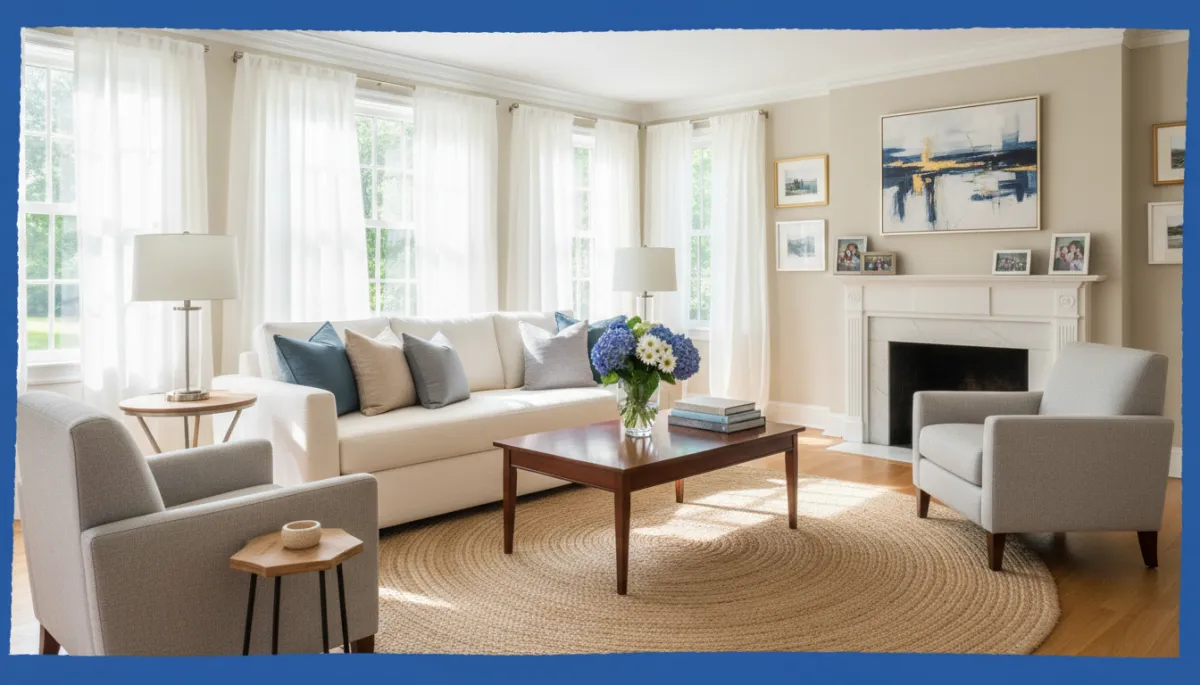 Beautifully staged Connecticut colonial home living room with summer light, fresh flowers, neutral furniture with royal blue accents, bold hand-drawn royal blue border, photorealistic