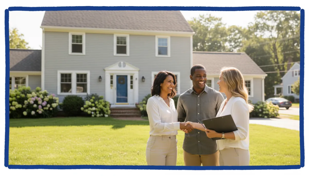 Confident diverse couple shaking hands with realtor outside Connecticut colonial home just purchased competitively, spring greenery, bold hand-drawn royal blue border, photorealistic