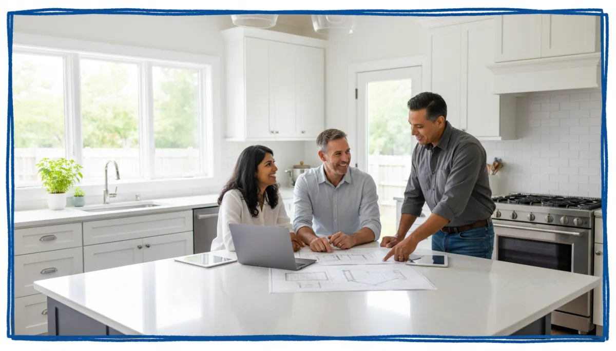 Diverse Connecticut homeowner couple reviewing renovation plans with contractor in bright modern kitchen, New England greenery outside, bold hand-drawn royal blue border, photorealistic