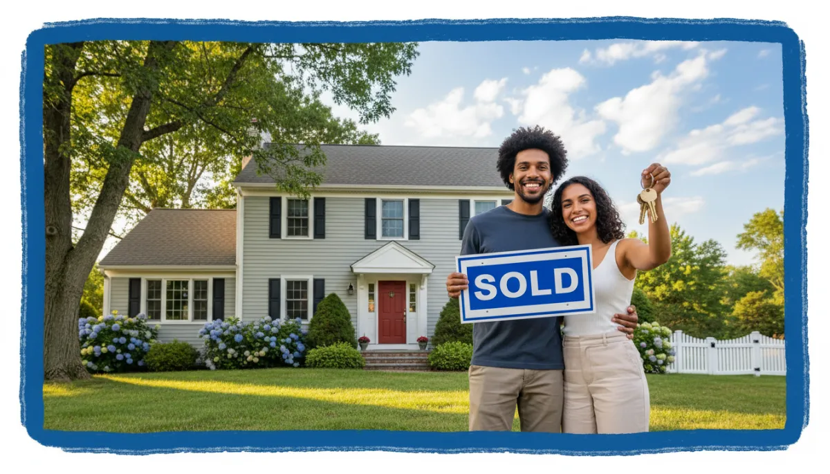 Joyful young diverse Connecticut couple holding SOLD sign and keys in front of their first home, lush summer lawn, bold hand-drawn royal blue border, photorealistic