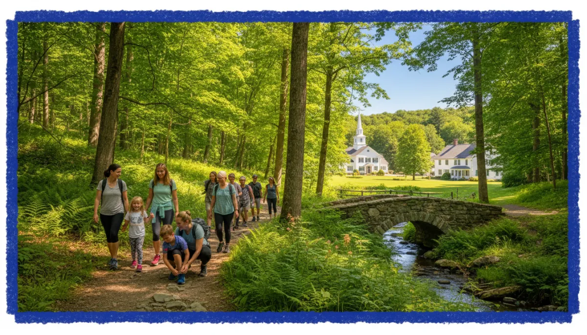 Scenic Windham County Connecticut summer trail through lush forest, charming historic New England village green, diverse families outdoors, bold hand-drawn royal blue border, photorealistic
