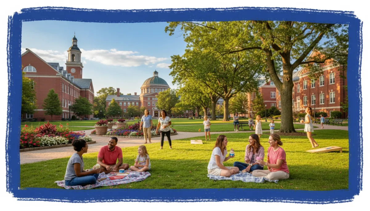 UConn Storrs campus green in summer, charming New England town, families enjoying outdoor events, vibrant greenery, bold hand-drawn royal blue border, photorealistic