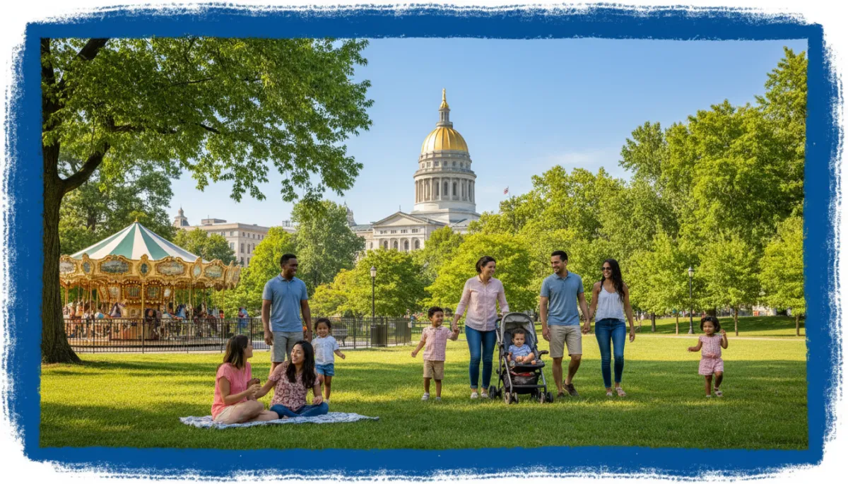 Hartford Connecticut Bushnell Park with gold-domed State Capitol building, lush green summer trees, diverse families enjoying sunny day, bold hand-drawn royal blue border, photorealistic