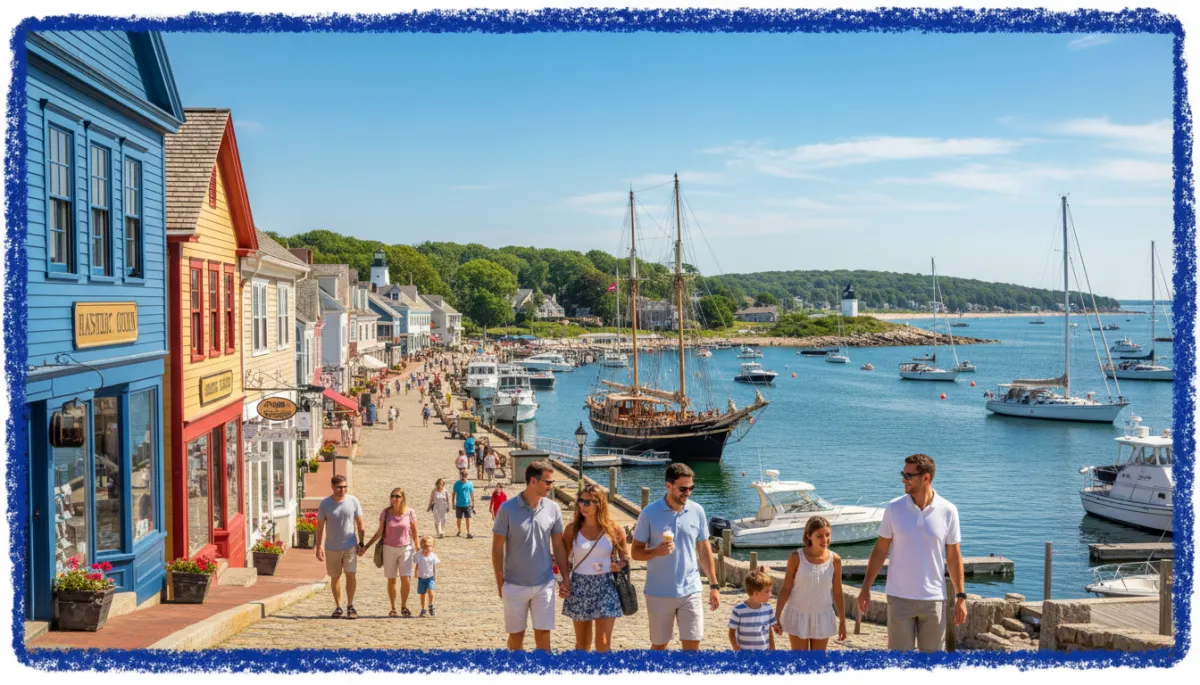 New London County Connecticut coastline and Mystic waterfront with sailboats, colorful storefronts, diverse families enjoying summer shore, bold hand-drawn royal blue border, photorealistic