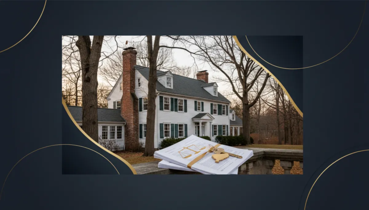 Elegant Connecticut home with real estate documents and house keys in the foreground, representing buying, selling, or transferring residential property in Connecticut, including homeownership, legal paperwork, closing documents, and Connecticut real estate transactions.
