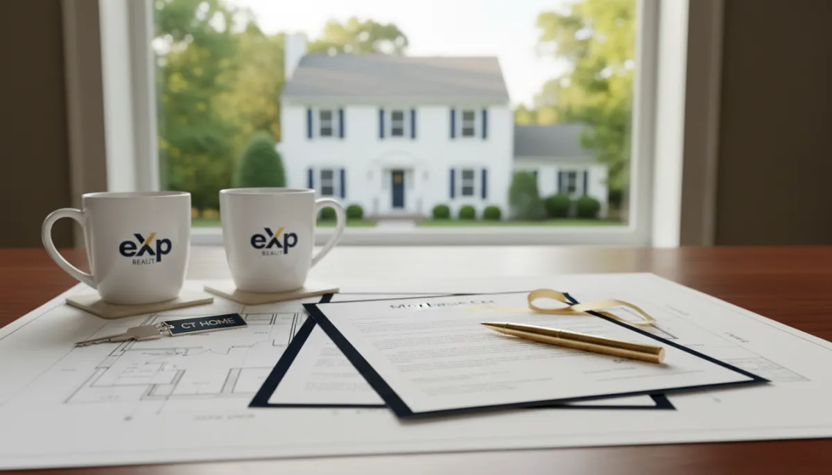 Connecticut home buying consultation with eXp Realty, featuring purchase documents, house plans, keys, and a home in the background, representing expert guidance for Connecticut homebuyers, real estate transactions, and residential property purchases.