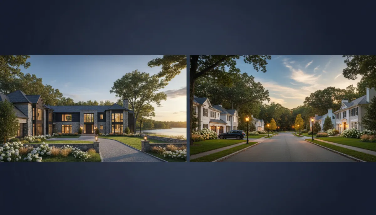 Side-by-side comparison of luxury waterfront and suburban residential neighborhoods in Connecticut, showcasing diverse housing options, upscale homes, and family-friendly communities for Connecticut homebuyers and people relocating to Connecticut.