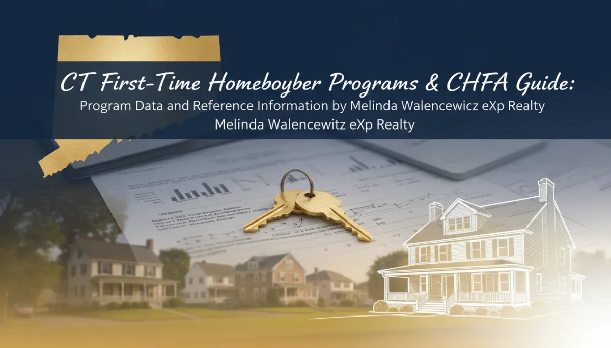 Connecticut first-time homebuyer guide featuring CHFA assistance programs, mortgage documents, house keys, and a Connecticut neighborhood, illustrating down payment assistance, home financing options, and resources for first-time homebuyers in Connecticut.