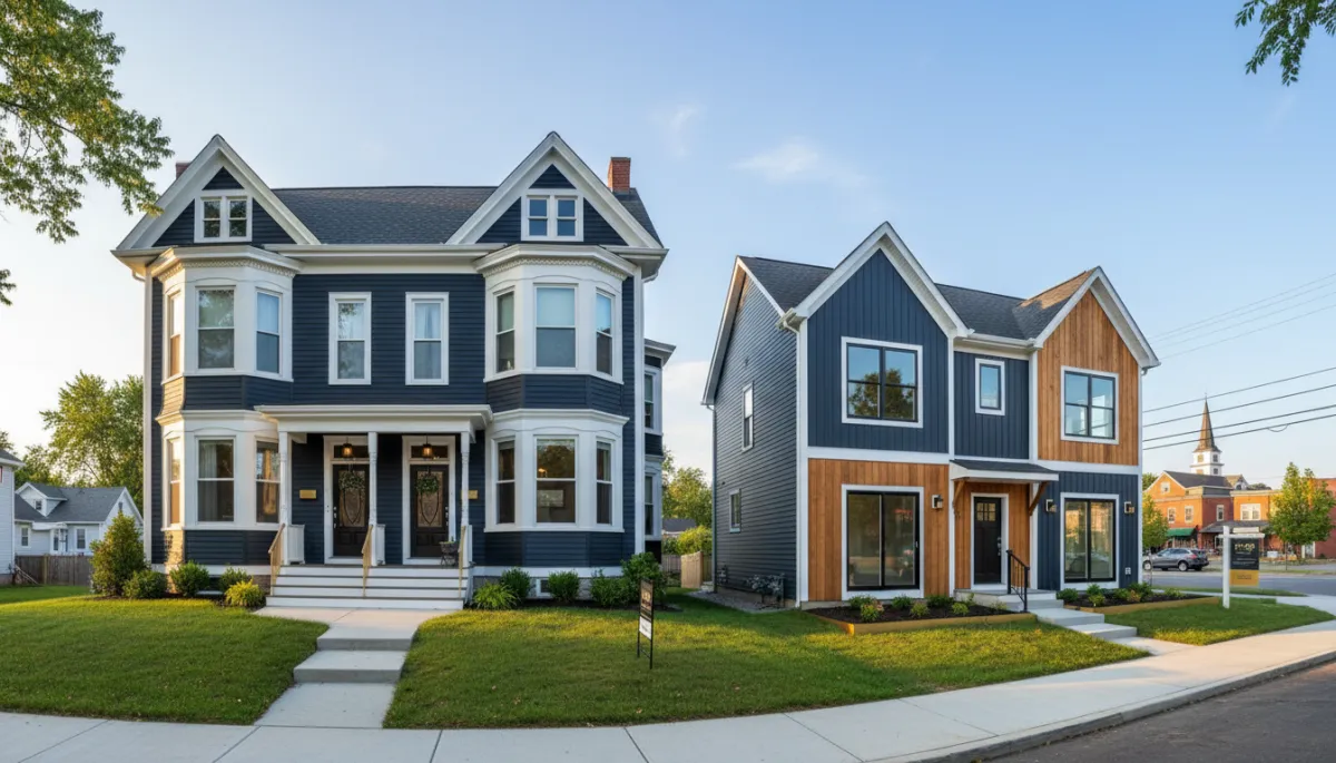 Two Connecticut homes showcasing classic colonial and modern new construction architecture in a walkable neighborhood, highlighting the variety of housing styles available for Connecticut homebuyers, families, and people relocating to Connecticut.