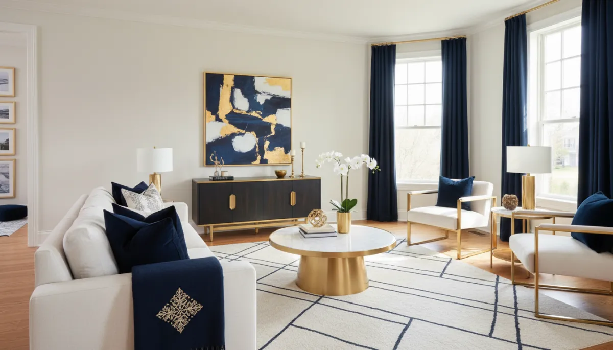 Professionally staged Connecticut living room featuring modern furniture, neutral décor, natural light, and luxury finishes, showcasing effective home staging ideas that help Connecticut sellers attract buyers, increase perceived home value, and make a strong first impression during showings.