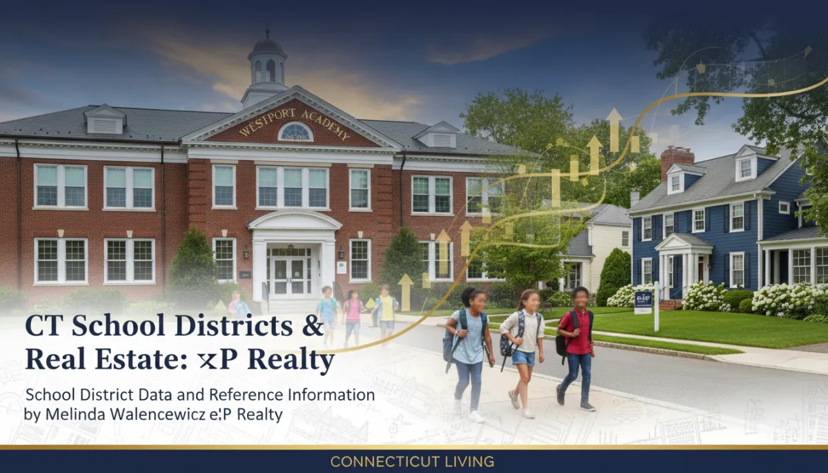 Connecticut school district and real estate illustration featuring a local school, family-friendly neighborhood, and children walking to class, highlighting how school districts influence Connecticut home values, neighborhood desirability, and relocation decisions for homebuyers.
