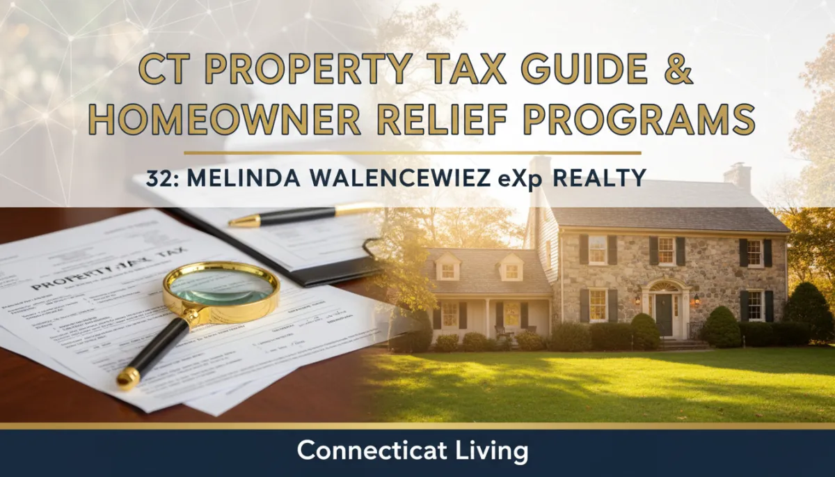 Connecticut property tax guide featuring property tax documents, a magnifying glass, and a Connecticut home, illustrating homeowner tax relief programs, property tax exemptions, and resources for Connecticut homeowners seeking to reduce annual property tax costs.