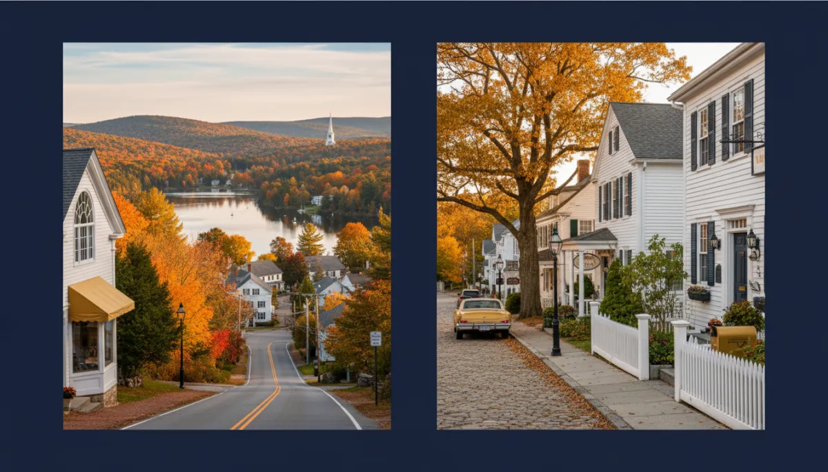 Scenic Connecticut neighborhoods featuring charming New England homes, tree-lined streets, a lakeside village, and historic residential architecture, showcasing desirable communities, small-town living, and neighborhoods for homebuyers considering relocating to Connecticut.